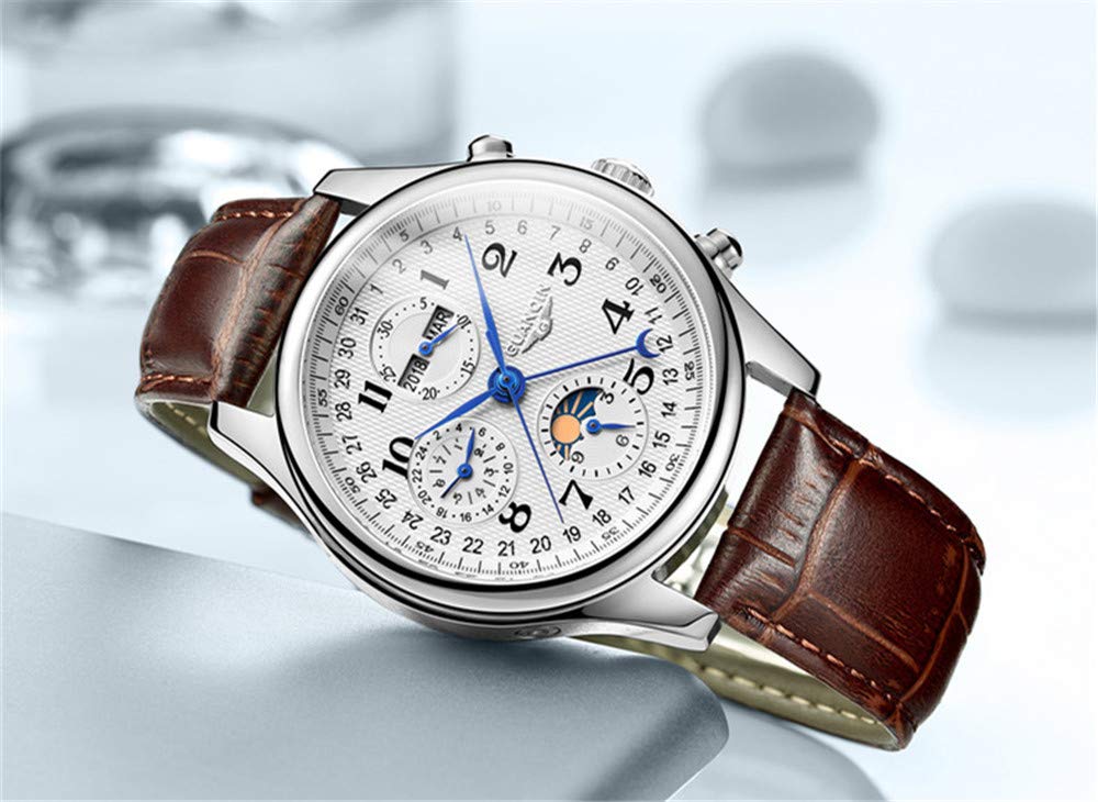 Mеханічний годинник Guanqin Автоматичний Чоловічий Аналоговий Місячна фаза Коричневий Сріблястий Білий, фото №4