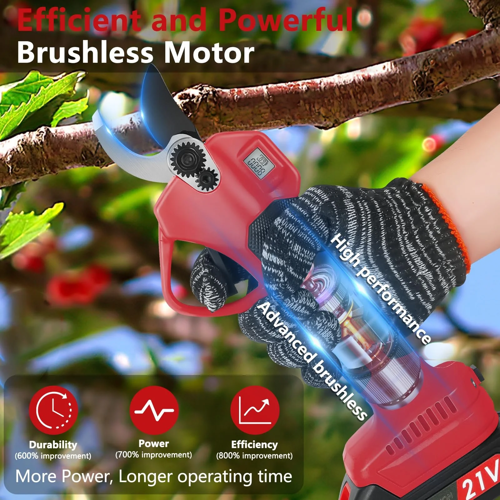 Секатор акумуляторний 40 мм з 2 акумуляторами 21 V 2000 mAh і набором запасних лез, РК-дисплей, безщітковий двигун, червоний, фото №3