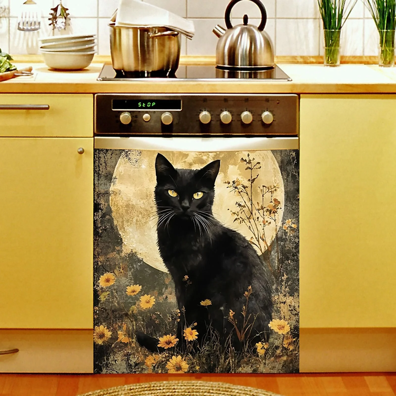 Наклейка на стіну OOTSR Black Cat Flowers Moon Вінілова Чорна, фото №7