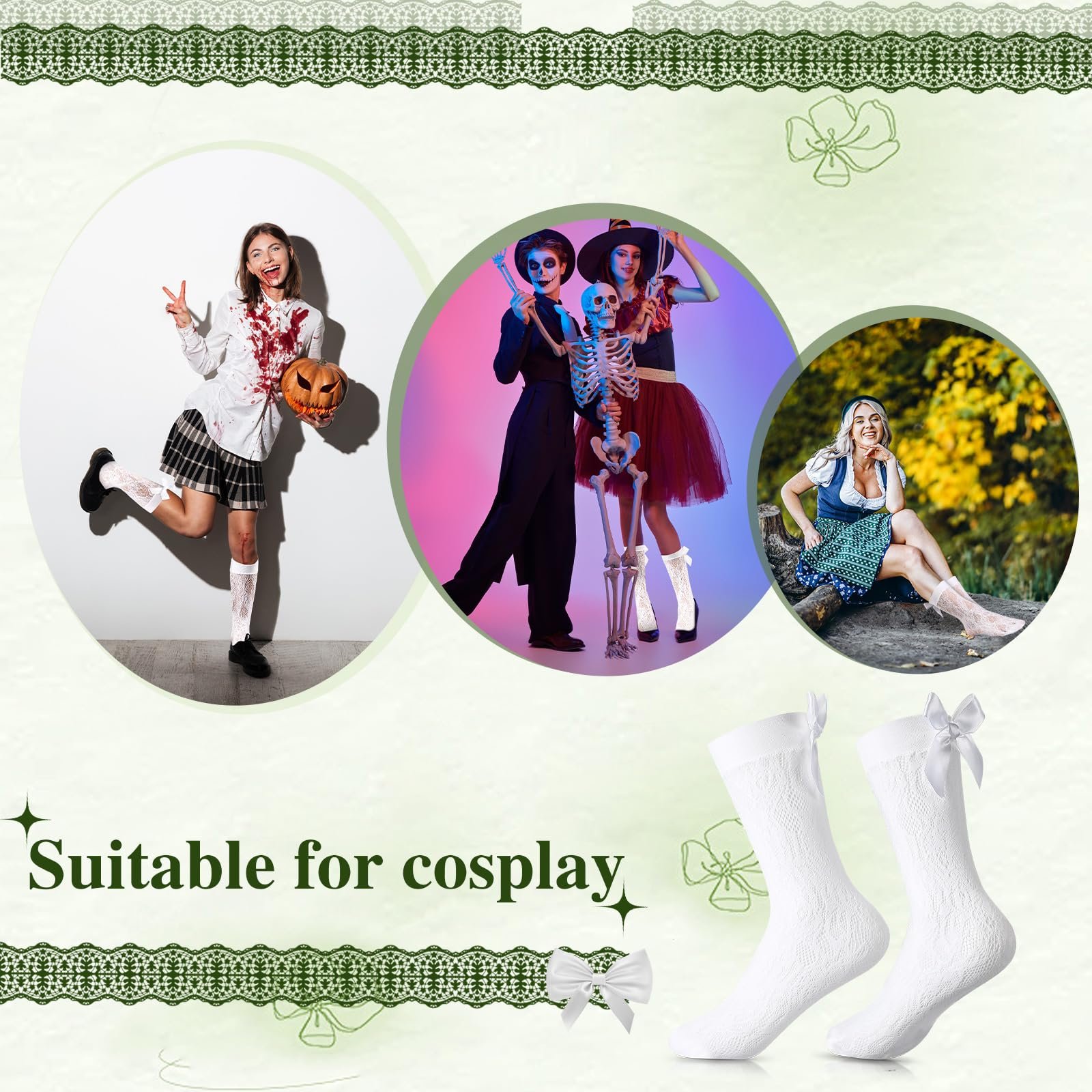 Женские гольфы SATINIOR для карнавала, кружевные чулки с бантом, сетчатые носки для женщин и девочек, фото №3