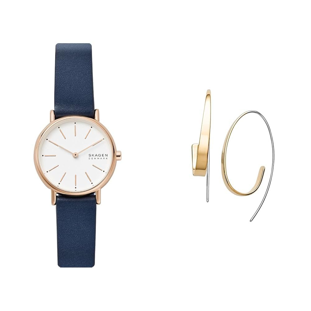 Жіночий годинник Skagen Signatur Lille, блакитний шкіряний ремінець та золотисті сережки Kariana з нержавіючої сталі, набір, фото №1