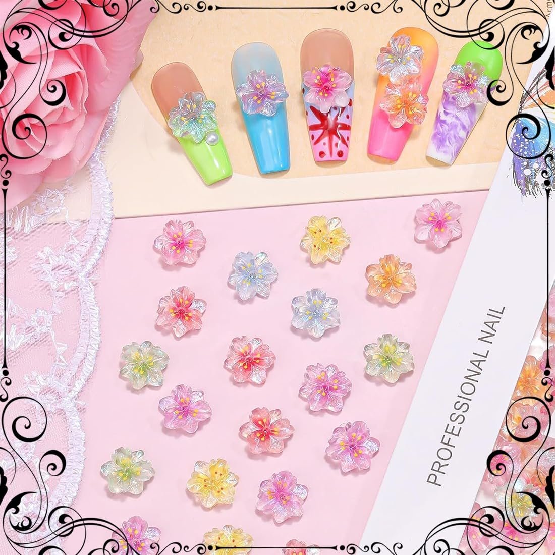 Прикраса для нігтів Квіти 3D 60 шт Різнокольорові, фото №5