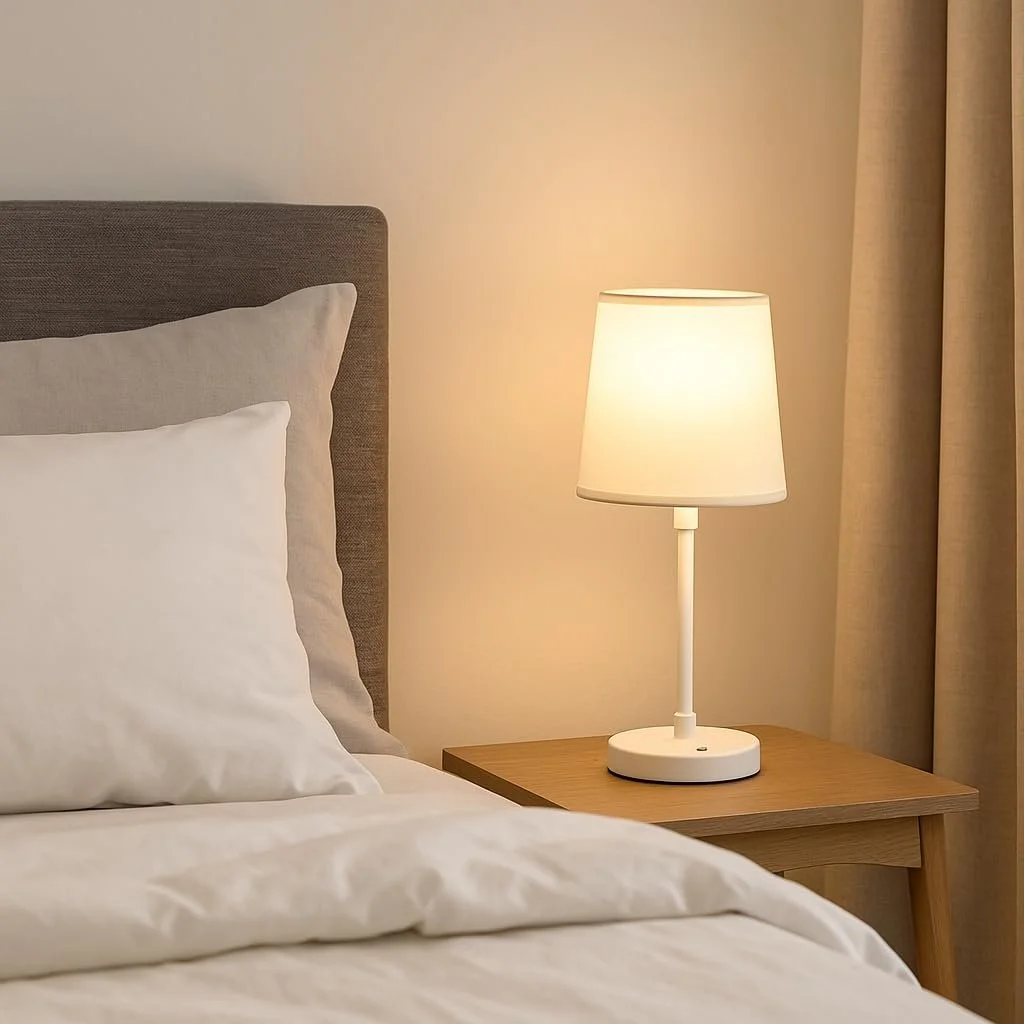 Настільна лампа N-L-E LED димована регульована висота тканинний абажур золота, фото №3