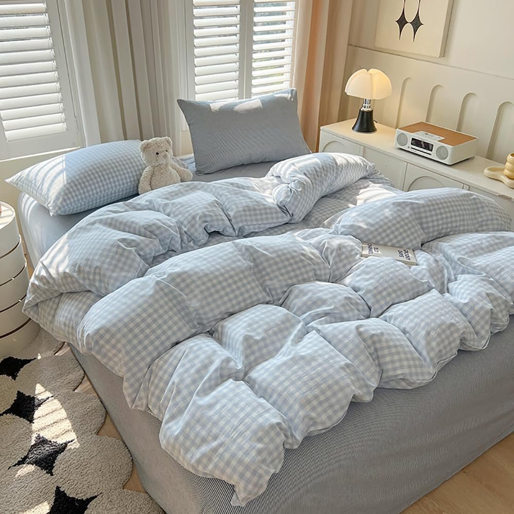Постільна білизна Covebett 135 x 200 см, синьо-біла, в клітинку, сучасний комплект підодіяльника в стилі заміського будинку, геометричний картатий візерунок, з мікрофібри, праний, підодіяльник і наволочка 80 x 80 см на блискавці, фото №3