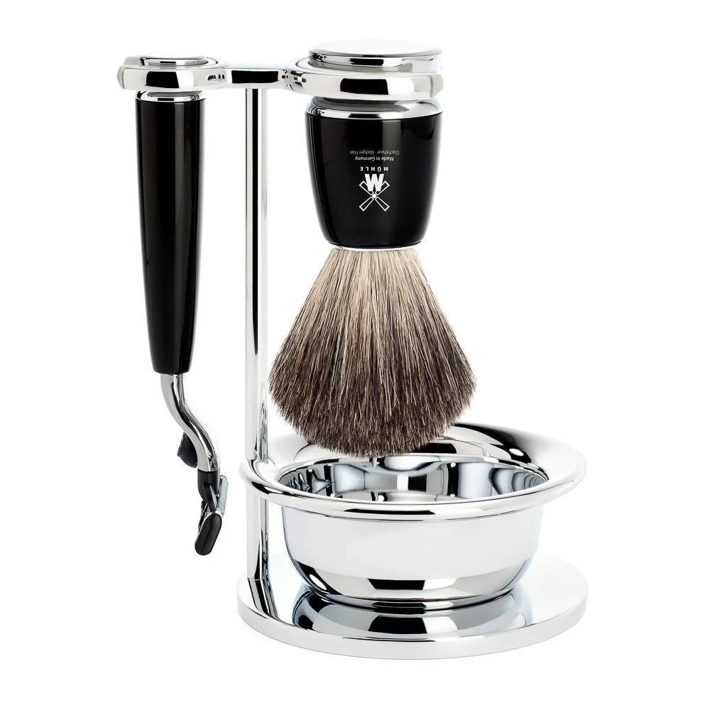 Набор для бритья Mühle Rytmo Series с чашей, помазком Pure Badger и Gillette Mach3 Черный смола, фото №1