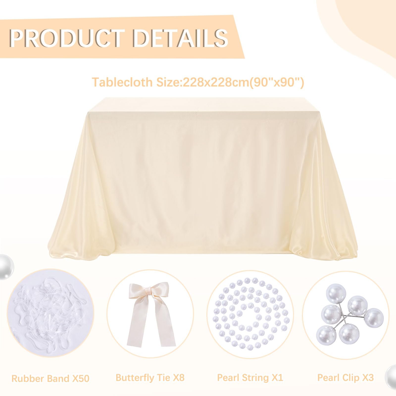 Скатертина сатинова DIY Design з бантами та намистинами 90 x 90 дюймів Cream, фото №2