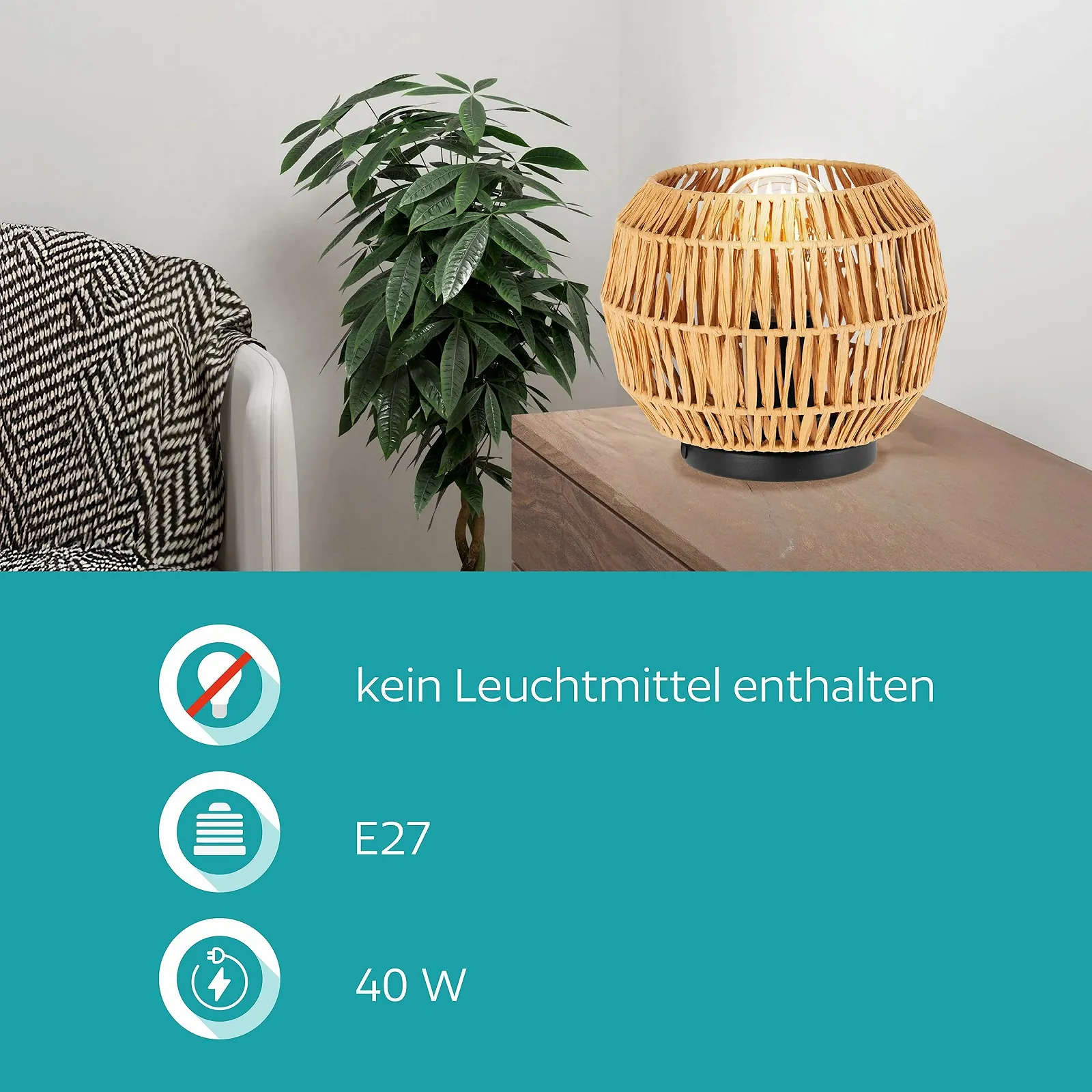 Настільна лампа EGLO Sheldon E27 з паперу рафії Ø 21 см, фото №4