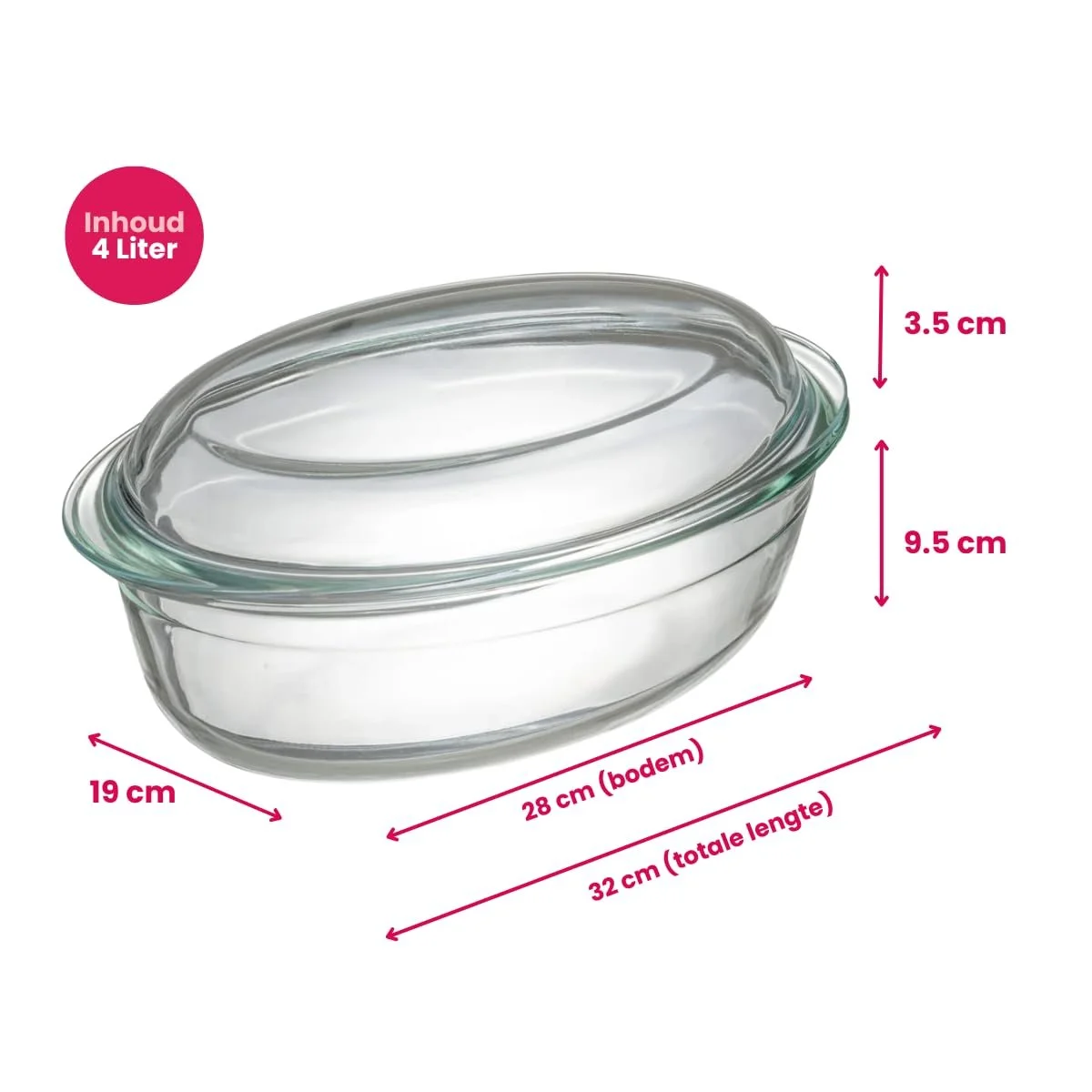 Кастрюля для запекания Стеклянная Термостойкая Овальная с крышкой 28 x 19 см 4 л, фото №5