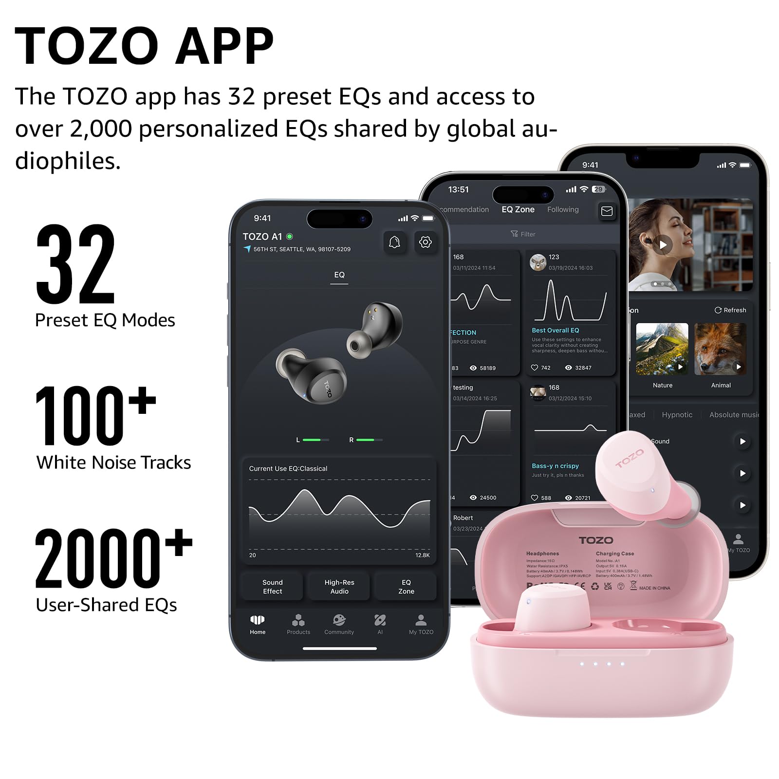 Наушники TOZO A1 Mini Bluetooth 5.3 Беспроводные В ухо С управлением через приложение, 30 час. премиум стереозвук IPX5 Водонепроницаемые Для маленьких ушей - Розовое золото, фото №4