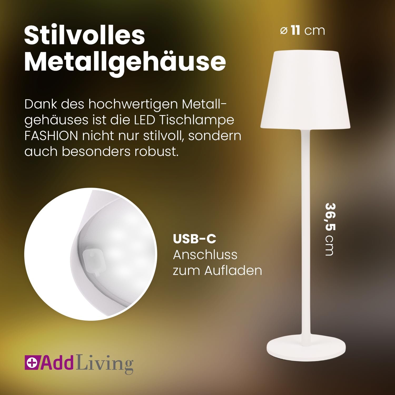 Настільна лампа AddLiving LED Бездротова Сенсорна Димуєма USB-C Акумуляторна 56 LEDs IP44 Біла, фото №8