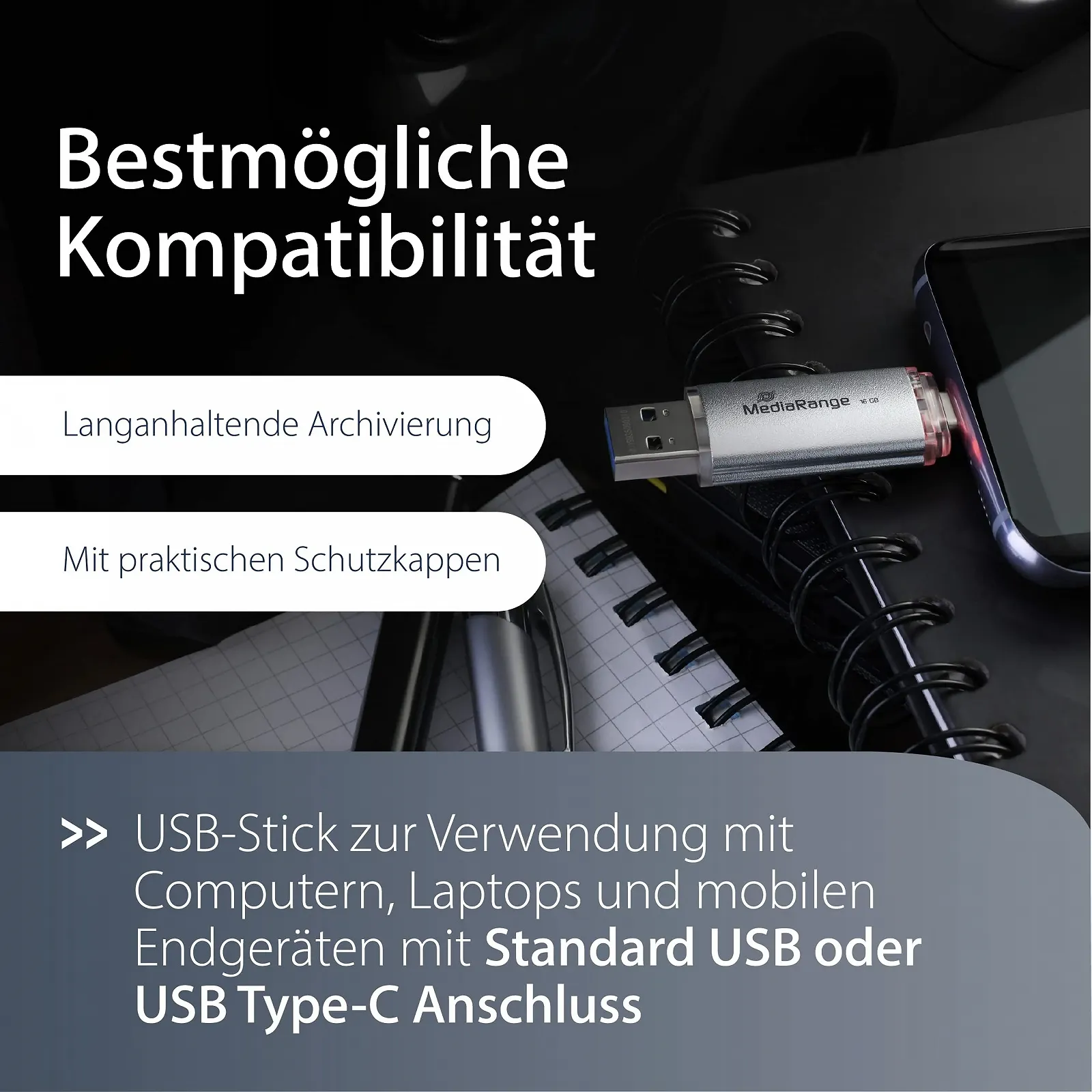 USB-накопичувач MediaRange USB 3.1 and TypeC 128 GB Combo 60 МБ/с Сріблястий, фото №4