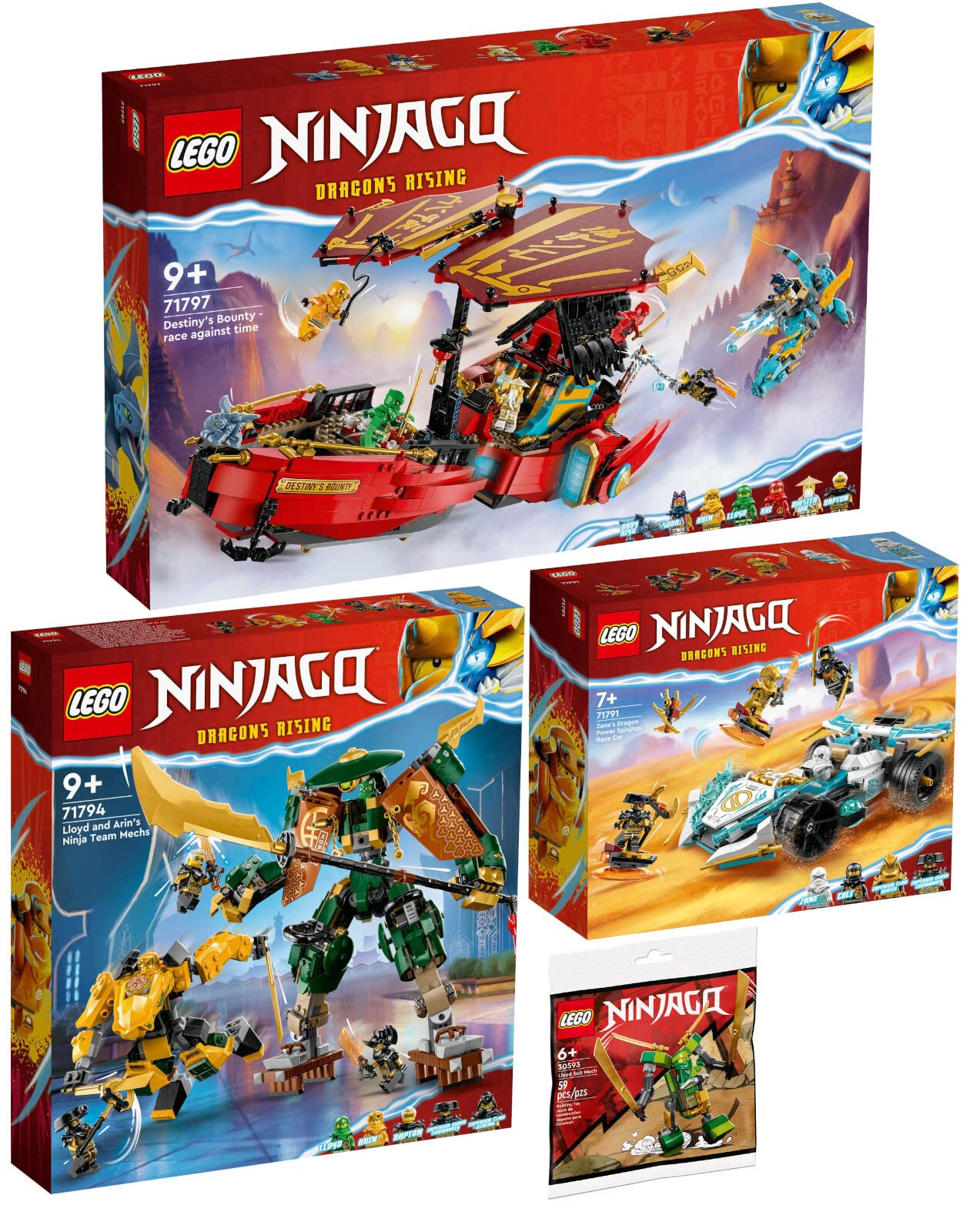 Набор Lego Ninjago из 4 частей 71797 Ниндзя Летающий Корабль в Гонке со Временем, 71794 Тренировочные Мехи Ллойда и Арина, 71791 Спинджитсу Гоночный Автомобиль Зейна Мощь Дракона и Полибег Костюм Ллойда, фото №1