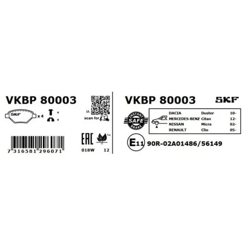 Комплект тормозных колодок, дисковый тормоз SKF VKBP 80003, фото №2