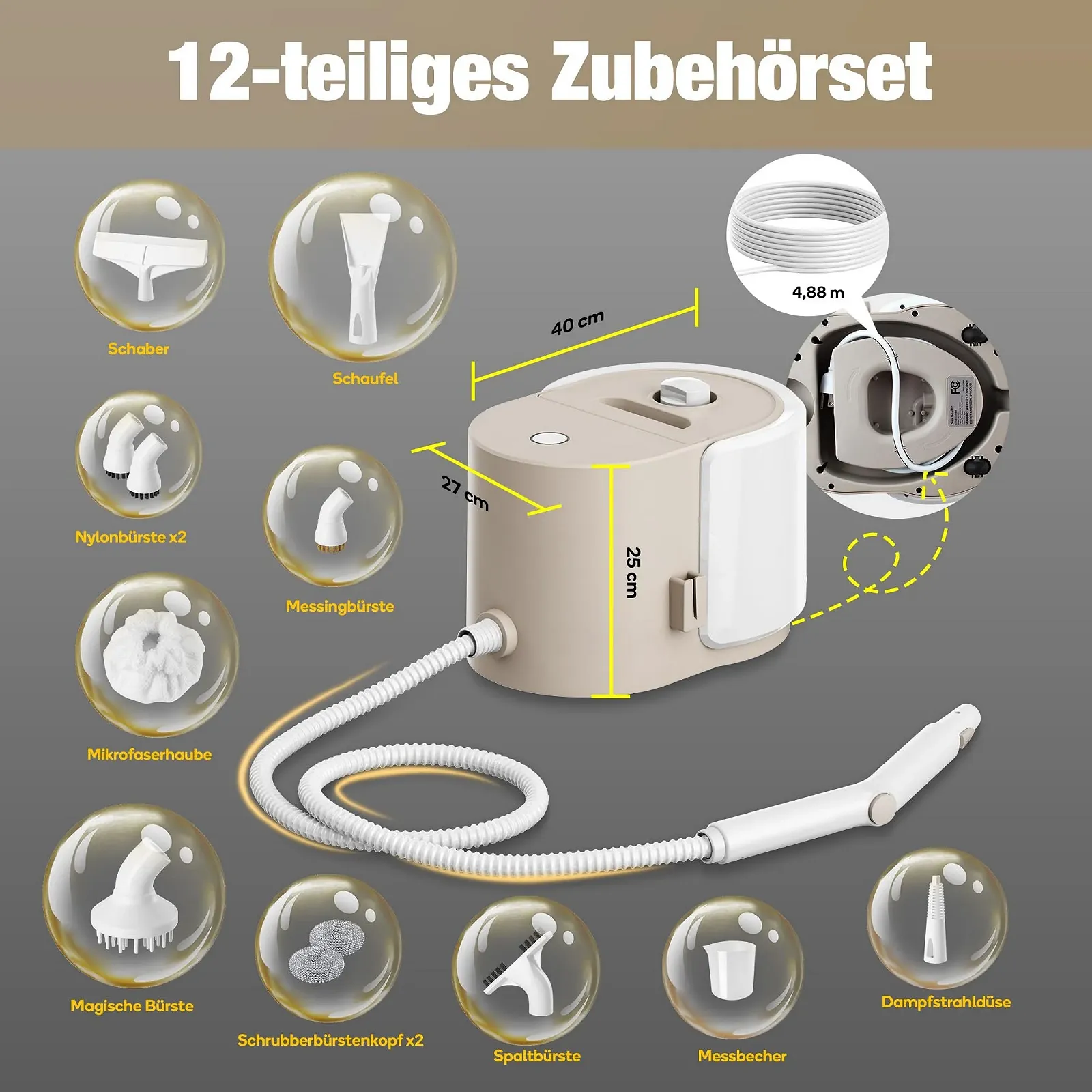 Пароочисник Newbealer 2-в-1 1500 Вт 5 бар 1.5 л Золотистий, фото №9