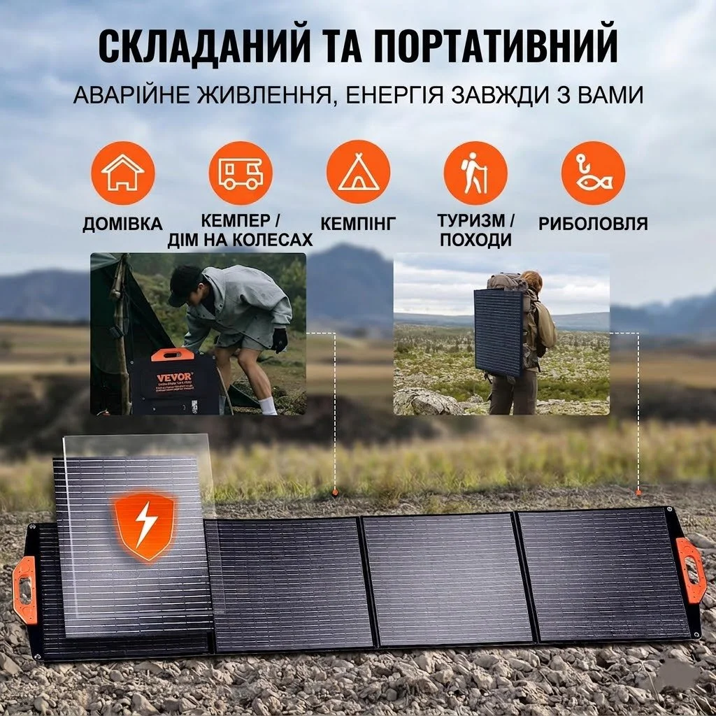Портативная солнечная панель VEVOR S200 200W Foldable Monocrystalline ETFE, фото №3 Портативная солнечная панель VEVOR S200 200W Foldable Monocrystalline ETFE, фото №3