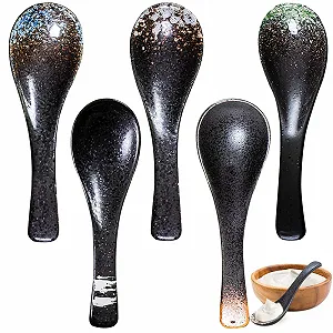 Ложка керамическая Набор из 5 штук, Ретро Китайская ложка для супа Рамен, Японский набор ложек для супа, Керамическая порционная ложка, Азиатская ложка для супа для Рамен Фо Вонтон Пельменей - Фото 1