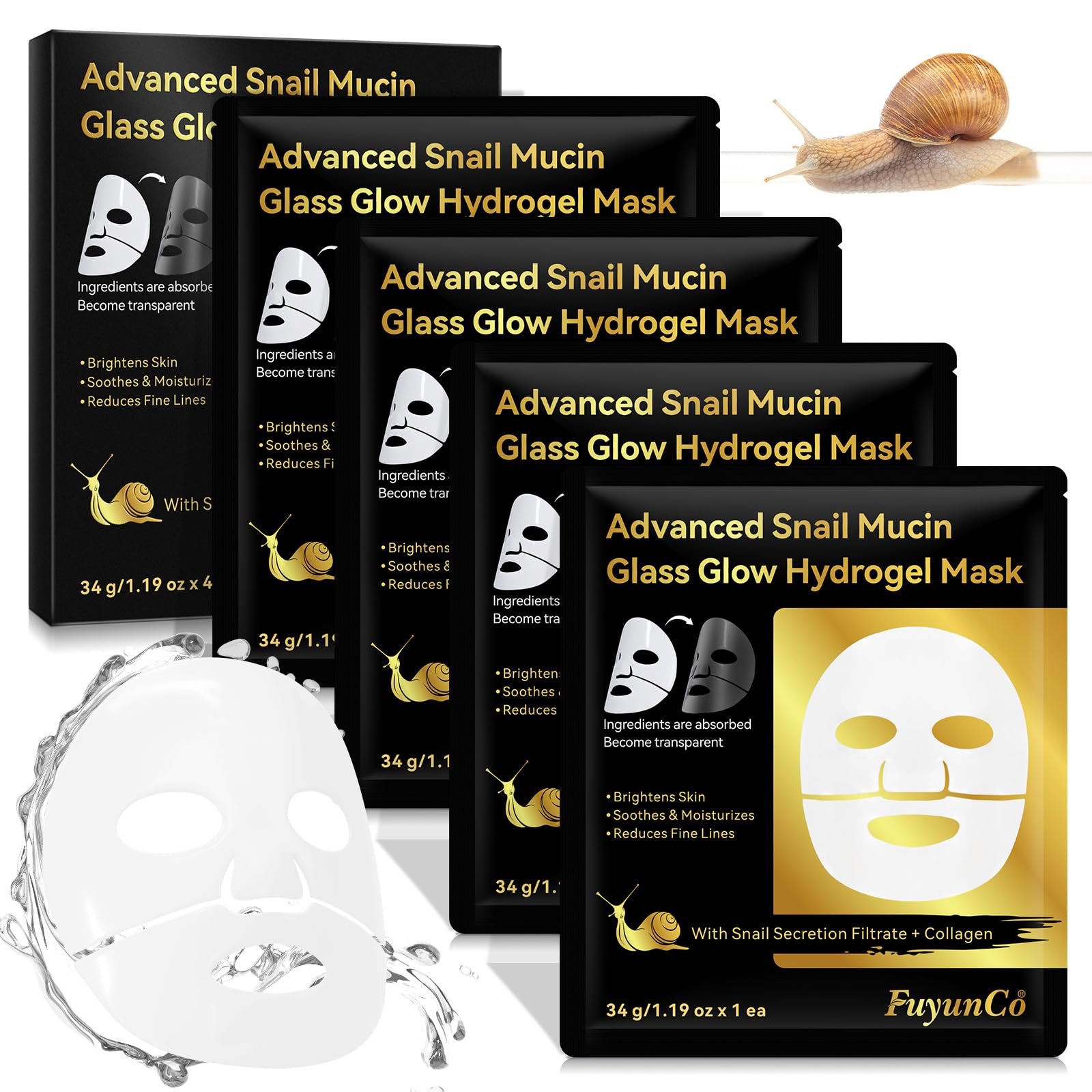 Маска для лица гидрогелевая Advanced Snail Mucin Glass Glow, коллагеновая, со слизью улитки, увлажняющая, минимизирует поры, выравнивает цвет кожи, уменьшает тонкие линии и морщины, фото №1