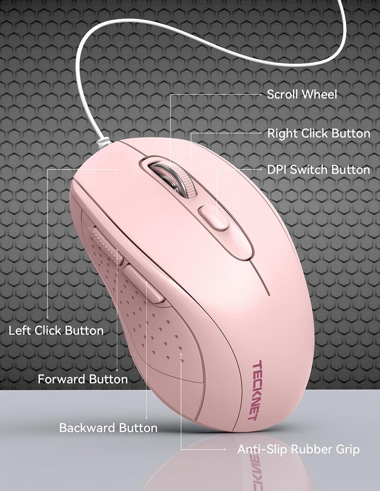 Мышь проводная TECKNET оптическая 6400 DPI 6 кнопок Розовая, фото №2