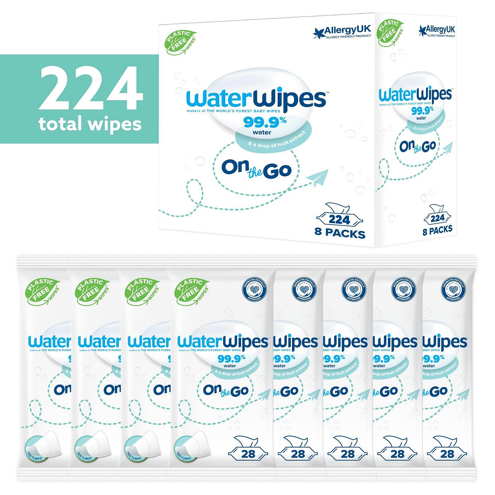 Салфетки WaterWipes Travel, 224 шт (8 упаковок), влажные салфетки на 99,9% на водной основе, идеально подходят для путешествий, лица и тела, фото №2