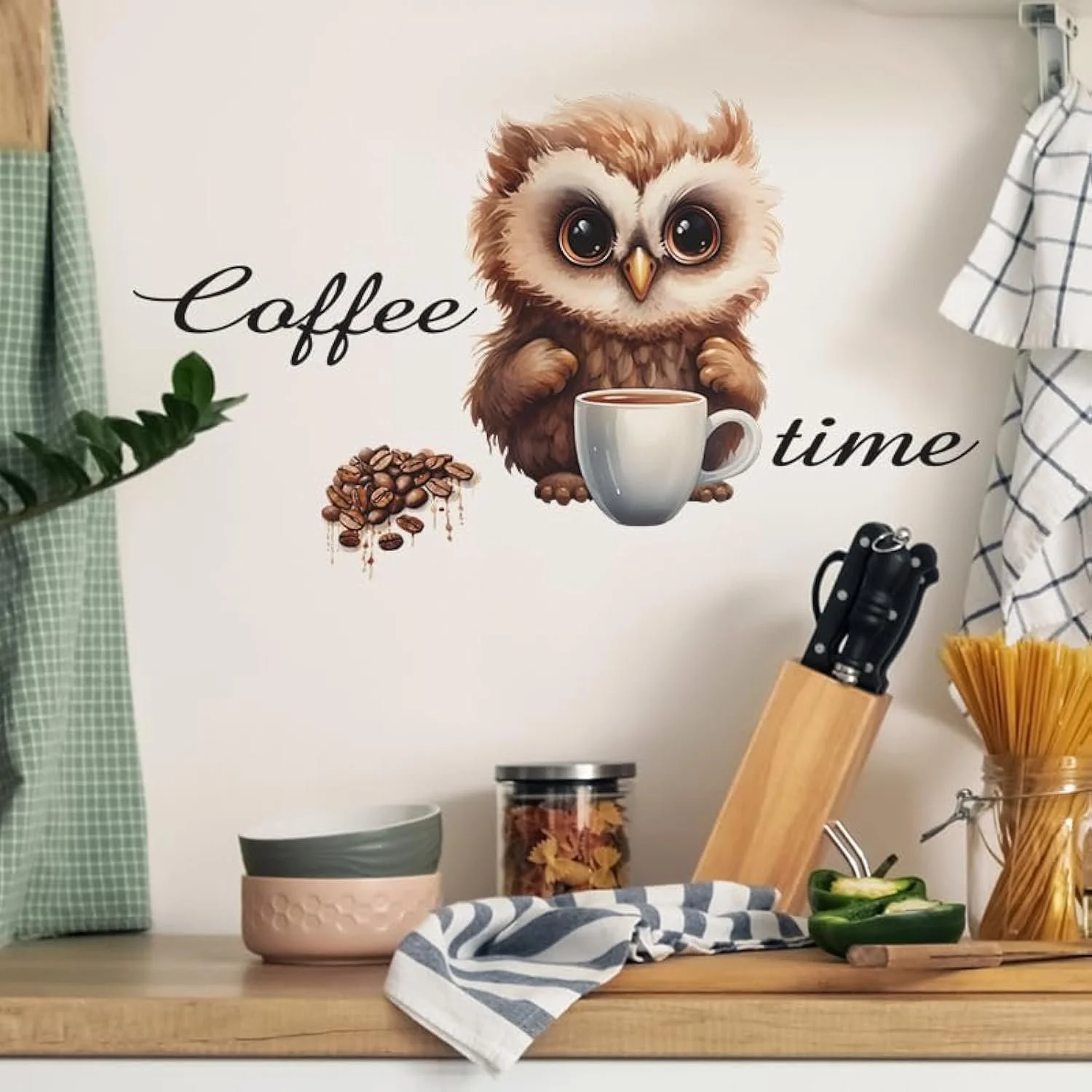Наклейка на стену COVPAW Сова с кофе 30 x 60 см, фото №1