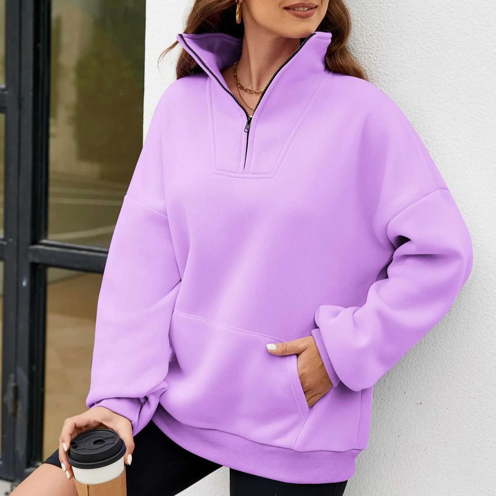 Женская Толстовка на Молнии, Удобная, с Высоким Воротником, Однотонная, Повседневная, Workou, на Молнии, Воротник, Свободный Крой, на Флисе, Зимняя, Осенняя, Однотонные Худи 2025, фото №4