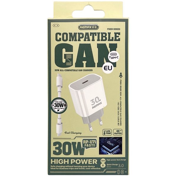 Швидка GaN зарядка для Iphone та Samsung з кабелем Remax RP-U71 30Вт White Type-C-Type-C, фото №4