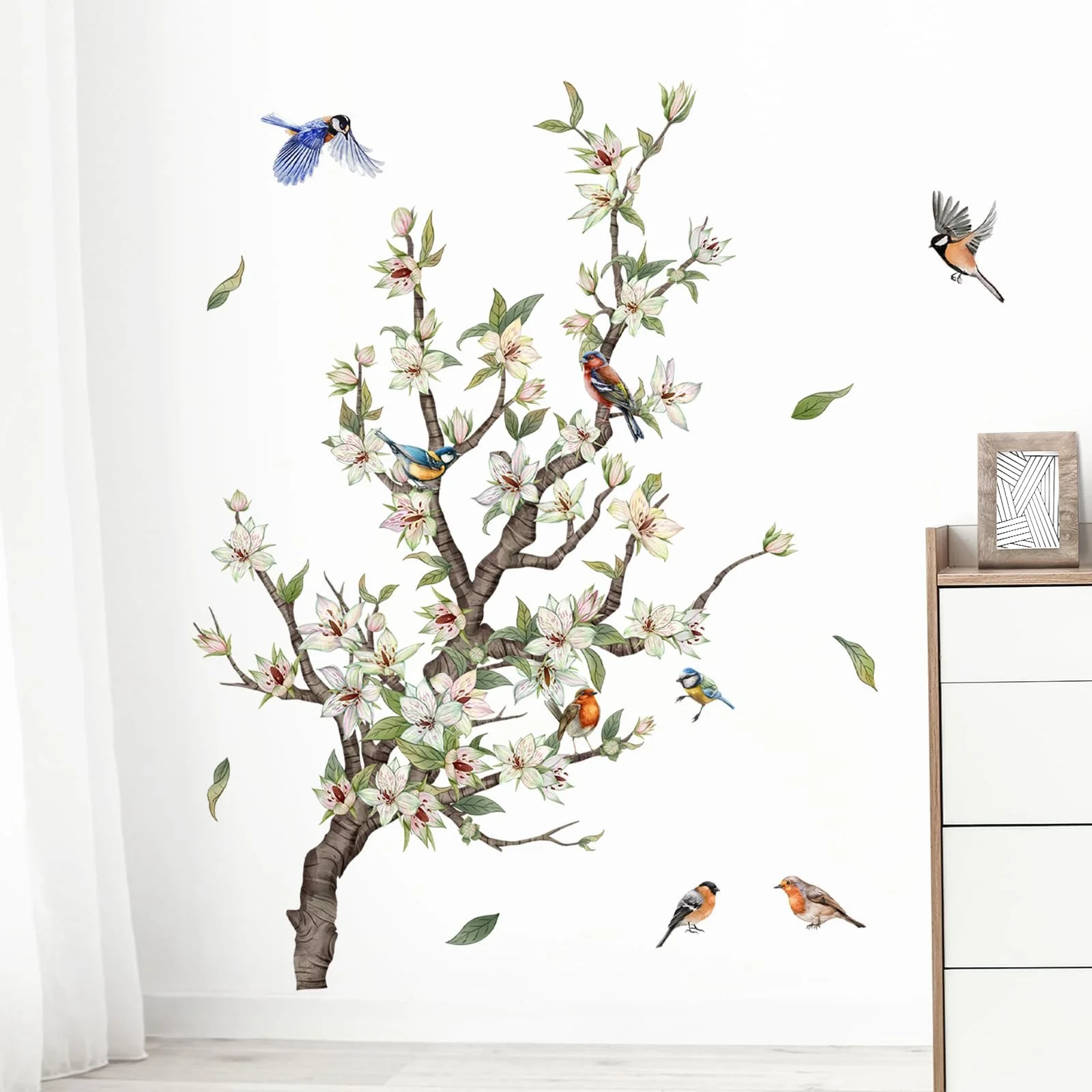 Настінна наклейка Tanlaby Квіти Дерево Птахи на гілці Зелена, фото №4
