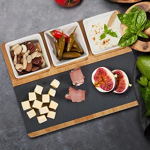 Набор мисок Relaxdays 8 шт с бамбуковой доской, сланцевой тарелкой и ложками Разноцветный synthetic.ua - Фото 1