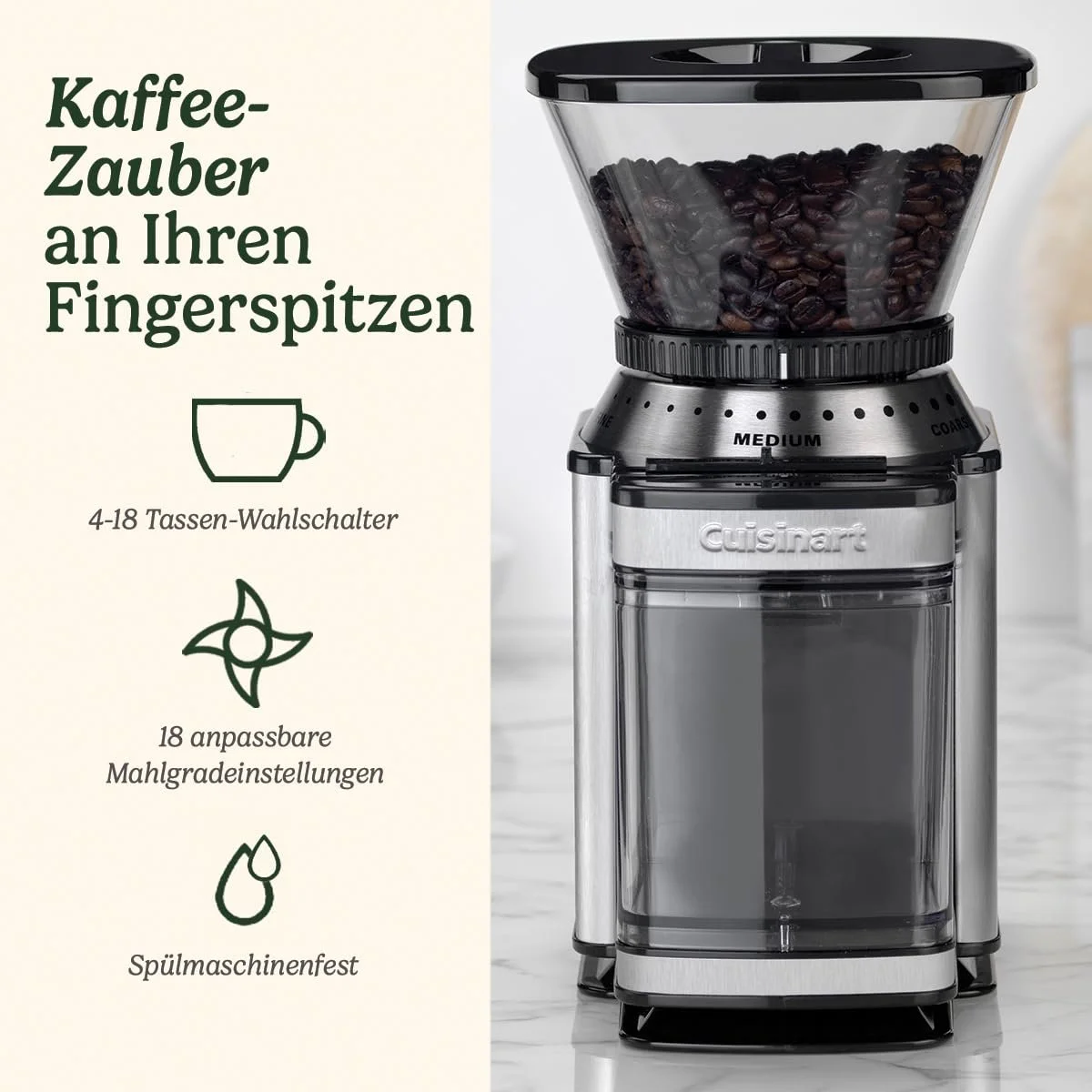 Кавомолка Cuisinart 4-18 чашок 18 налаштувань помелу, фото №2 Кавомолка Cuisinart 4-18 чашок 18 налаштувань помелу, фото №2