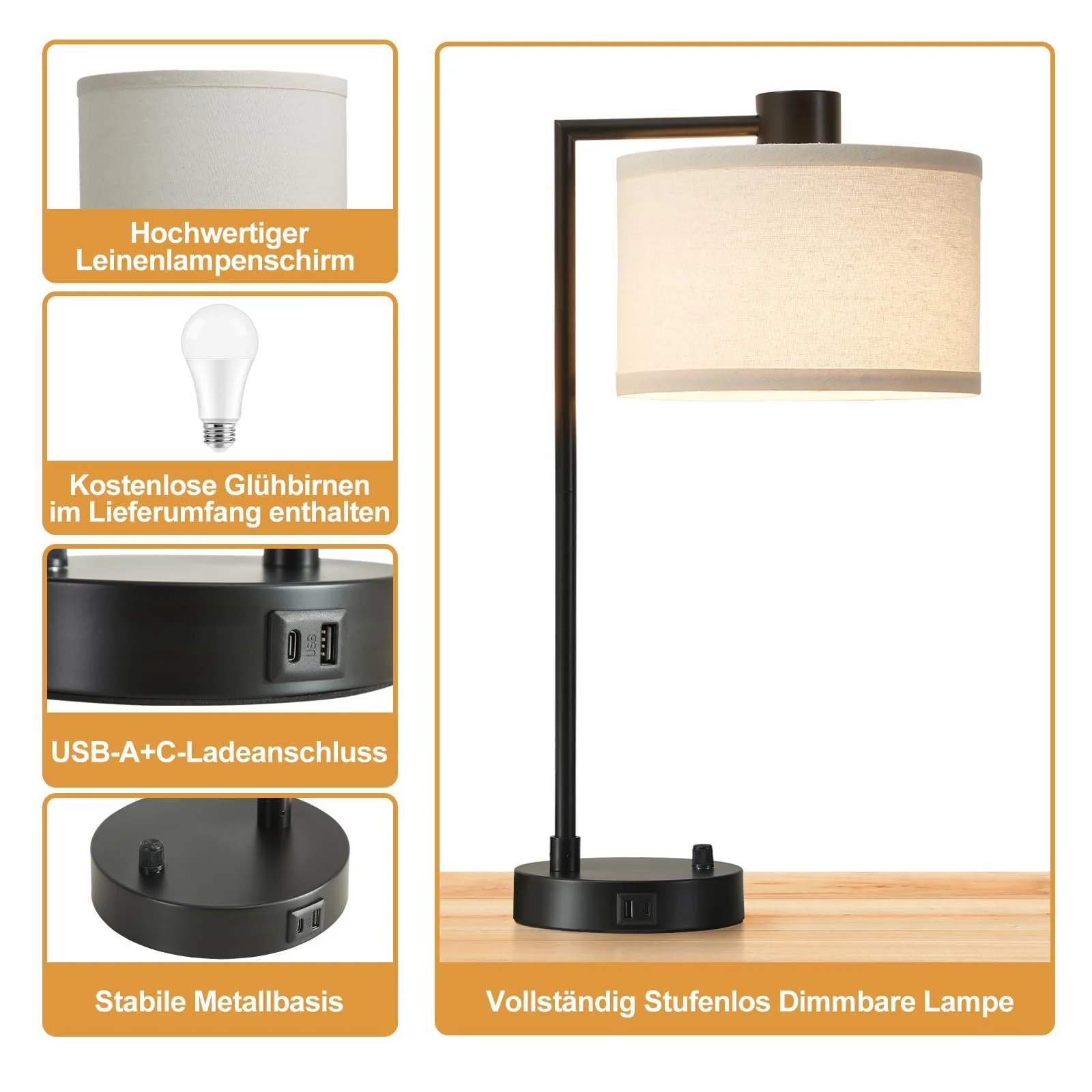 Настільна лампа GyroVu з функцією зарядки USB A+C димована з лляним абажуром (лампа в комплекті), фото №5