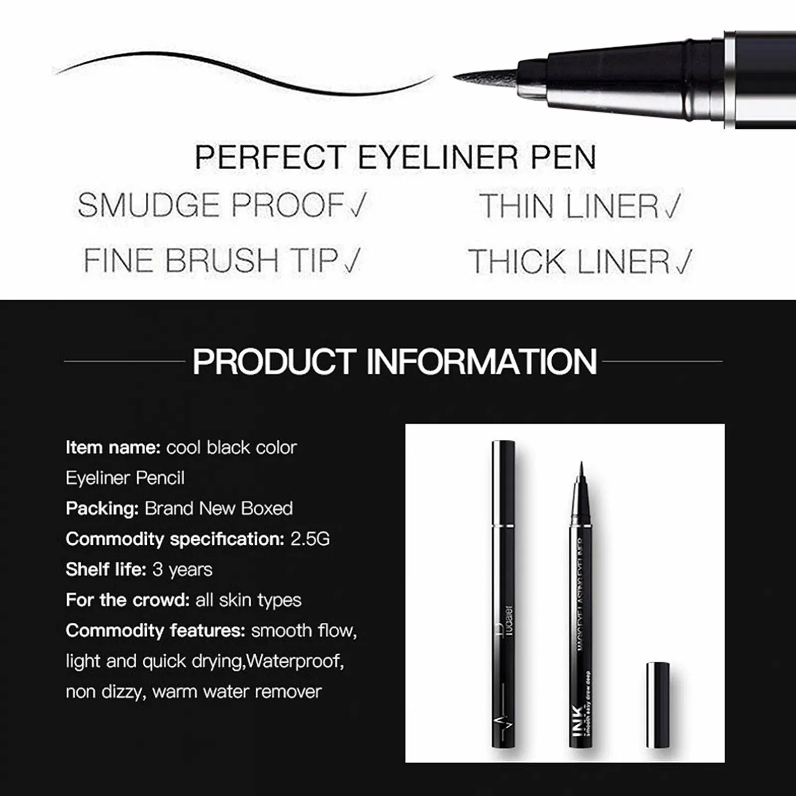 Рідка Підводка Aibyks, чорна, водостійка, швидковисихаюча, гладкі лінії, фото №6 Рідка Підводка Aibyks, чорна, водостійка, швидковисихаюча, гладкі лінії, фото №6