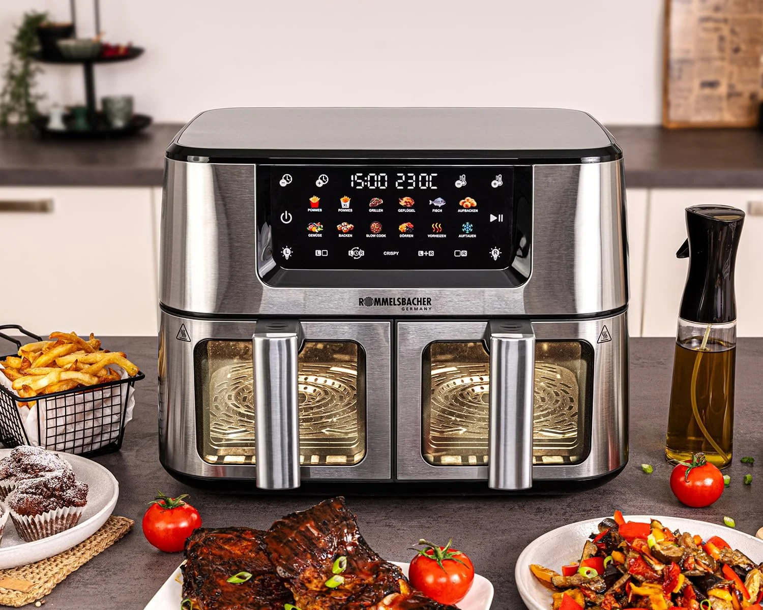 Подвійна мультипіч ROMMELSBACHER FRH 2650 2 кошики по 5.5 л 40-230°C 12 програм оглядове вікно PFAS-Free, фото №4 Подвійна мультипіч ROMMELSBACHER FRH 2650 2 кошики по 5.5 л 40-230°C 12 програм оглядове вікно PFAS-Free, фото №4