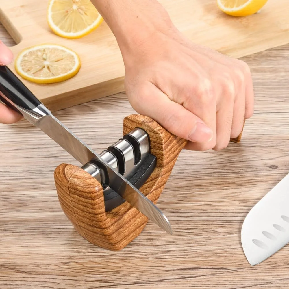 Точилка для ножів ручна 3-ступенева портативна дерев'яна сталь вольфрам, фото №6