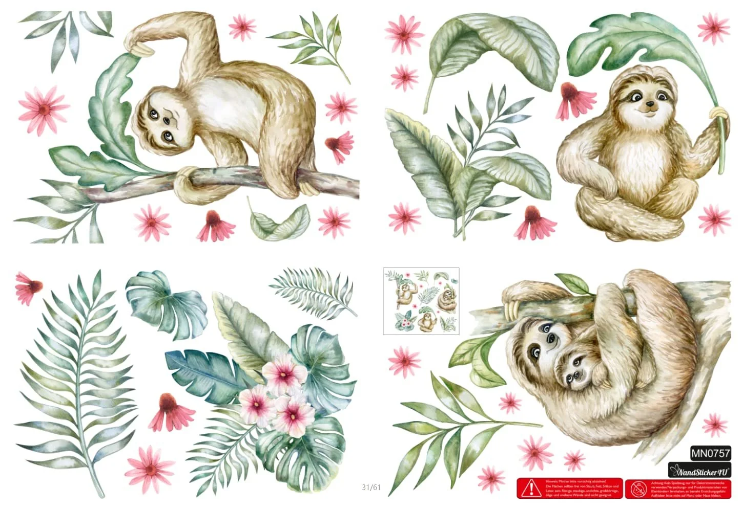 Наклейка на стіну WandSticker4U Sloth Animals I 78 x 72 см Зелена, фото №8