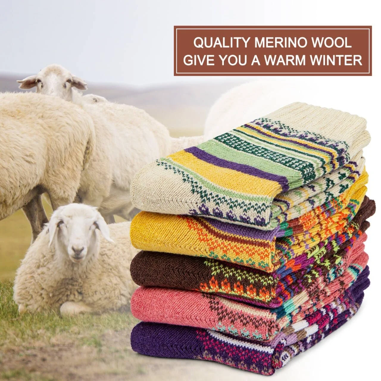 Носки из мериносовой шерсти Justay Женские Вязаные Зимние Термоноски, Дышащие, Мягкие, 5 пар, размеры 3.5–8, Желтый, Оранжевый, Серый, Зеленый, Коричневый, фото №3