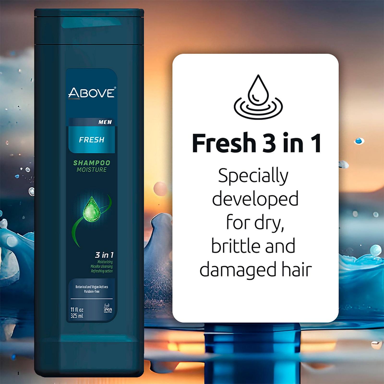 Шампунь Above Fresh 3-in-1 Moisture 311 мл для сухих, ломких, поврежденных волос Веганский, фото №4 Шампунь Above Fresh 3-in-1 Moisture 311 мл для сухих, ломких, поврежденных волос Веганский, фото №4