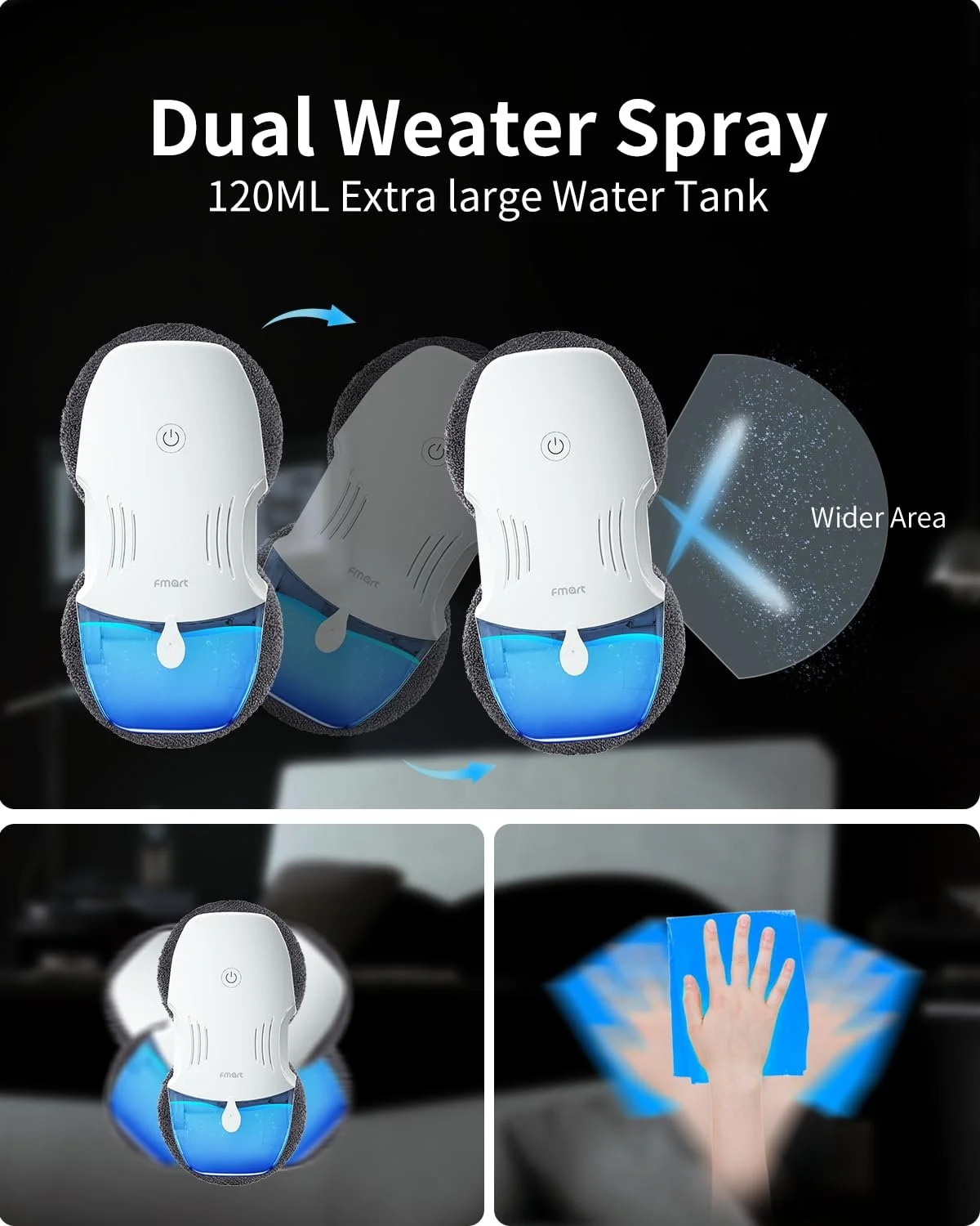 Робот для миття вікон Fmart T10 з автоматичною двосторонньою системою розпилення, потрійною системою безпеки, інтелектуальною навігацією, дистанційним керуванням, для всіх гладких поверхонь, з 10 серветками, фото №3 Робот для миття вікон Fmart T10 з автоматичною двосторонньою системою розпилення, потрійною системою безпеки, інтелектуальною навігацією, дистанційним керуванням, для всіх гладких поверхонь, з 10 серветками, фото №3