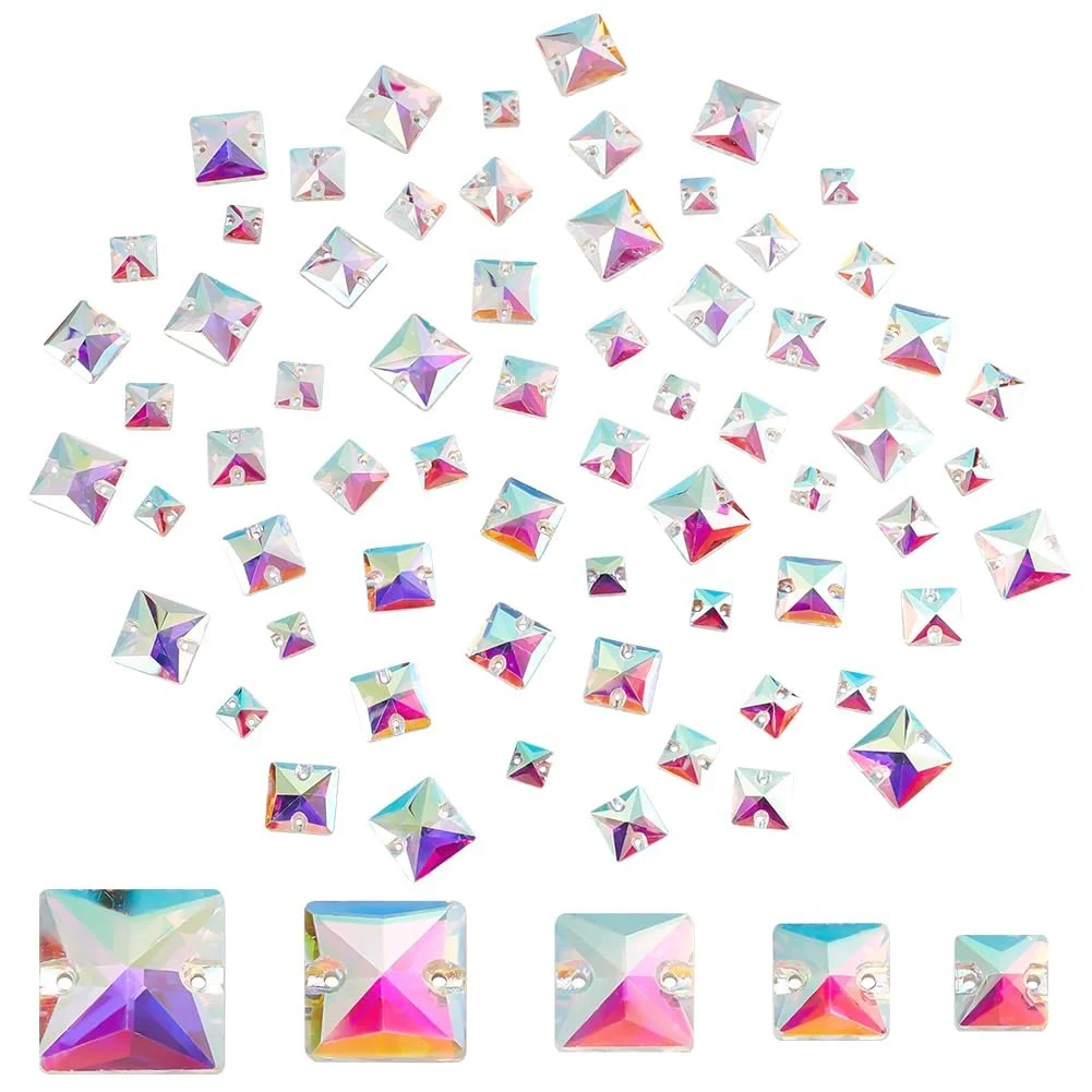 Квадратні стрази для пришивання 75 штук, 5 розмірів, плоска задня частина, скляні з'єднувальні перлини, фото №1