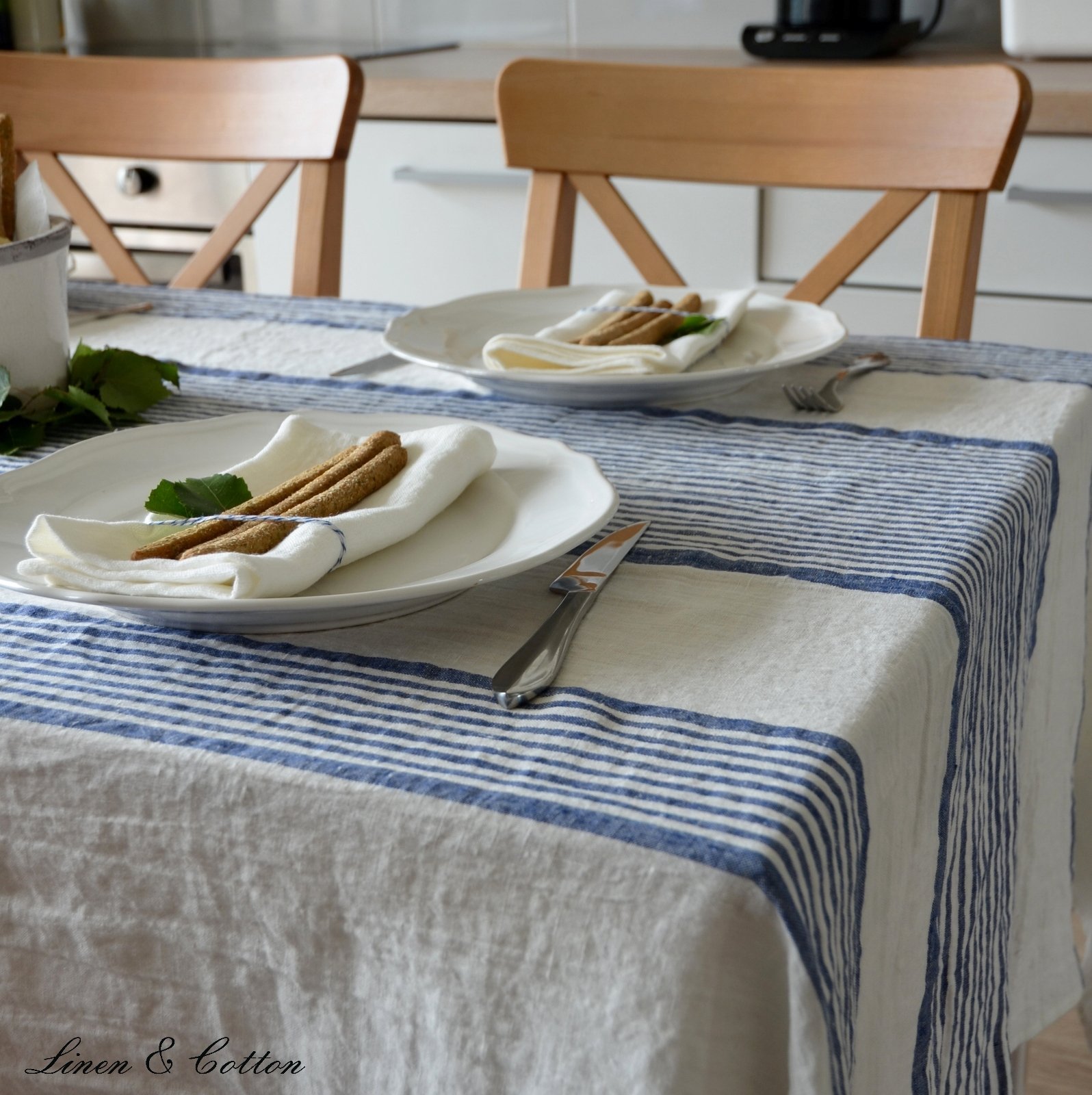 Скатертина Linen & Cotton Olivier 100% льон у смужку 150 х 200 см біло-блакитна, фото №3