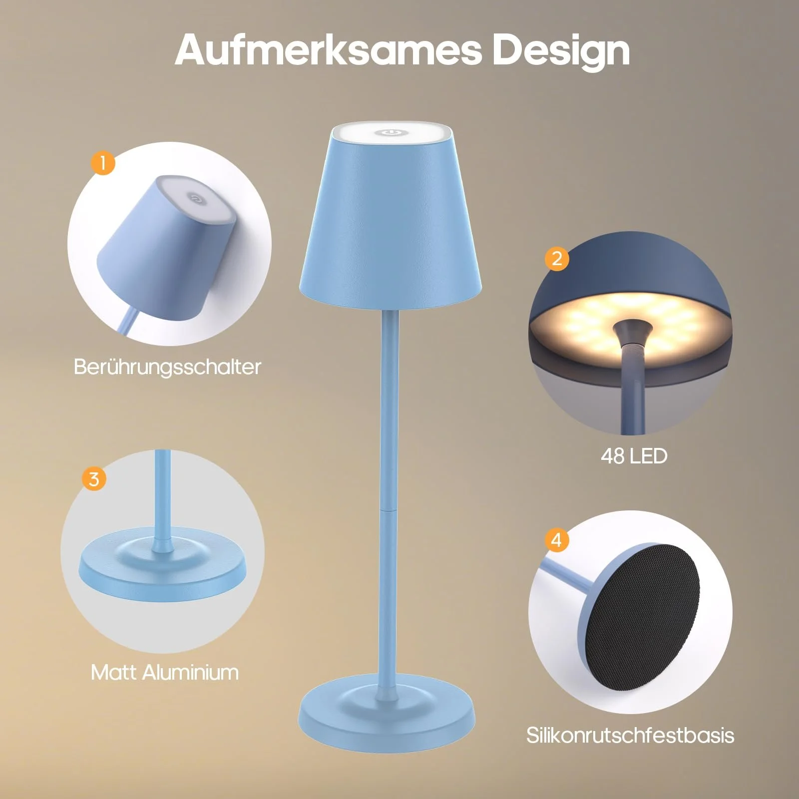 Настільна лампа 3-в-1 LED бездротова з акумулятором 5500 mAh, 3 висоти, регульована, димована, 3 кольори, металева водонепроникна сенсорна, синя [Набір із 1 шт.], фото №5