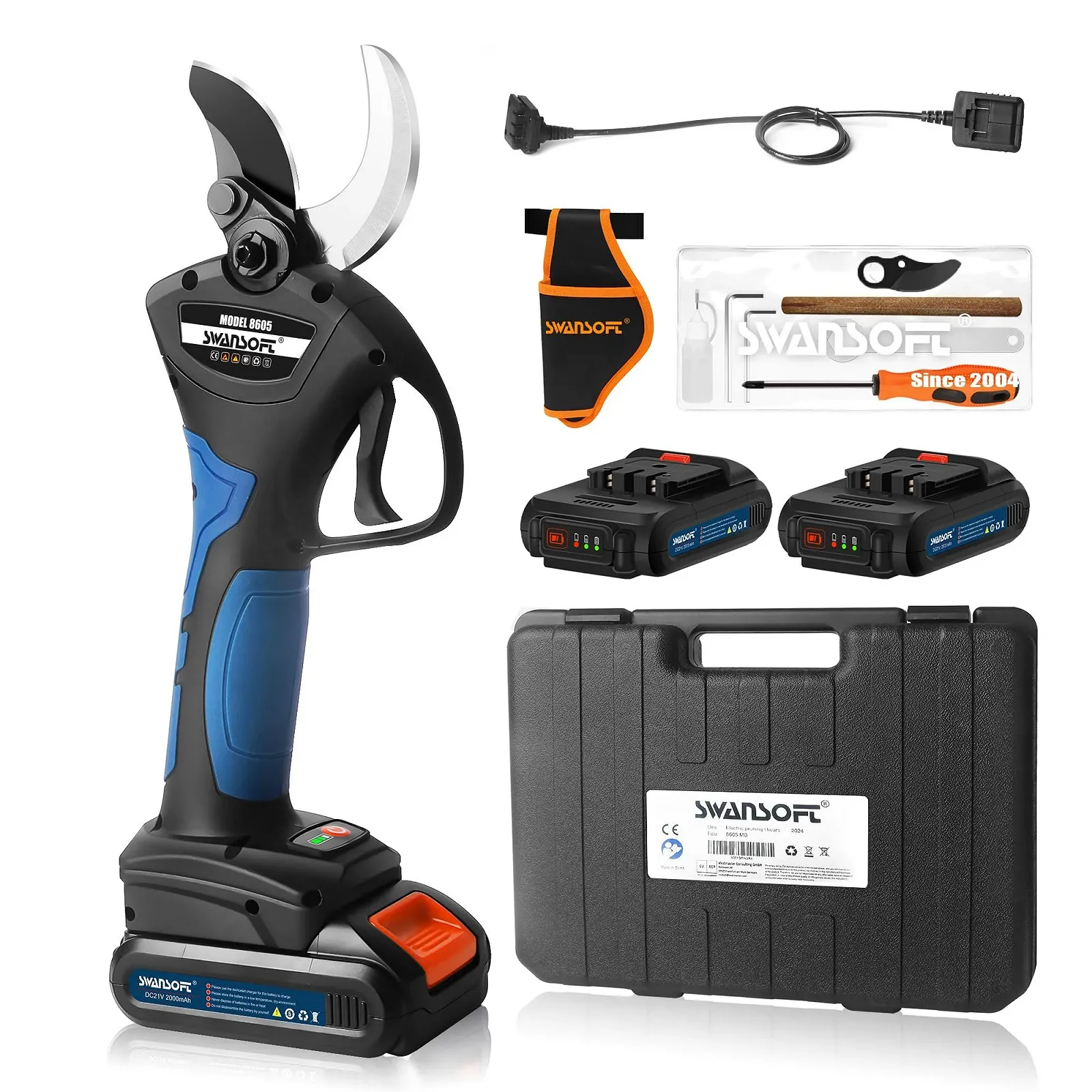 Секатор акумуляторний SWANSOFT 8605, 40 мм, 1050 Вт, 21 В, 2 А, для оливкових дерев, виноградника, фото №1