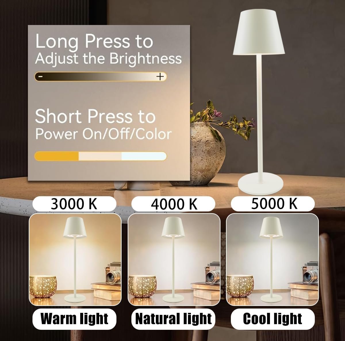 Настільна лампа LED акумуляторна металева 5000 мАг сенсорна IP54 Бежевий макарун, фото №3