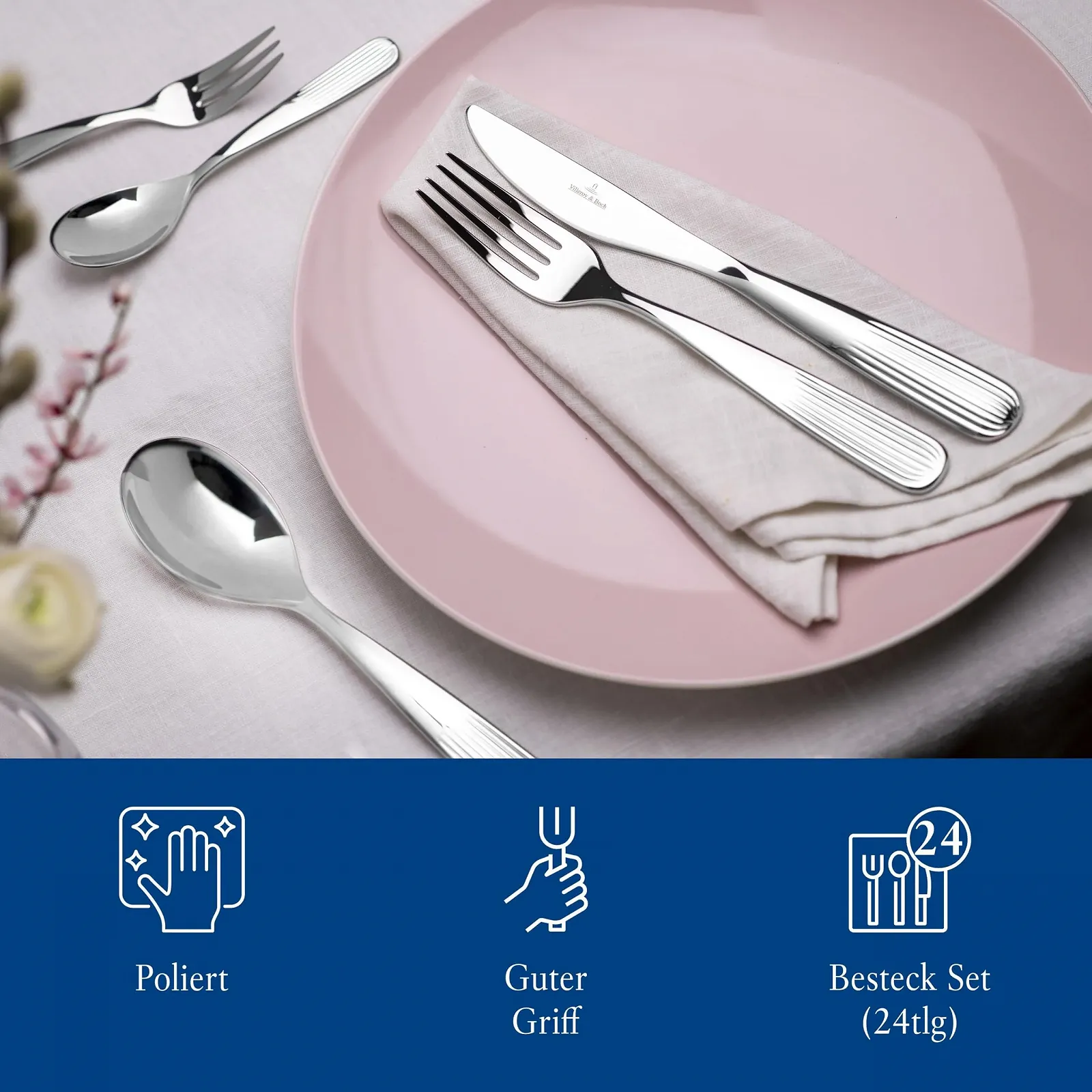 Набір столових приборів Villeroy & Boch Rose Garden, 24 предмети, сріблястий/платина, фото №5