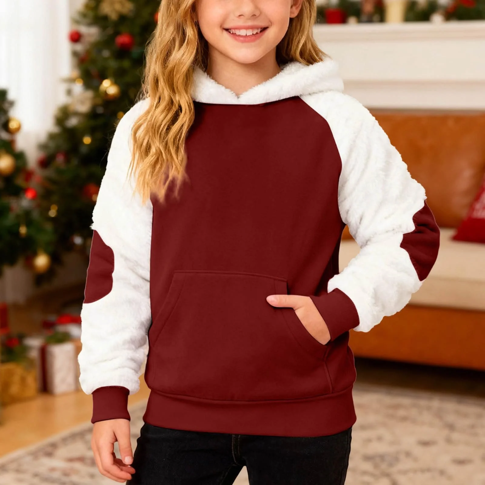 Детский рождественский флисовый худи с длинными рукавами и заплатками для мальчиков и девочек, теплый свитшот, фото №3