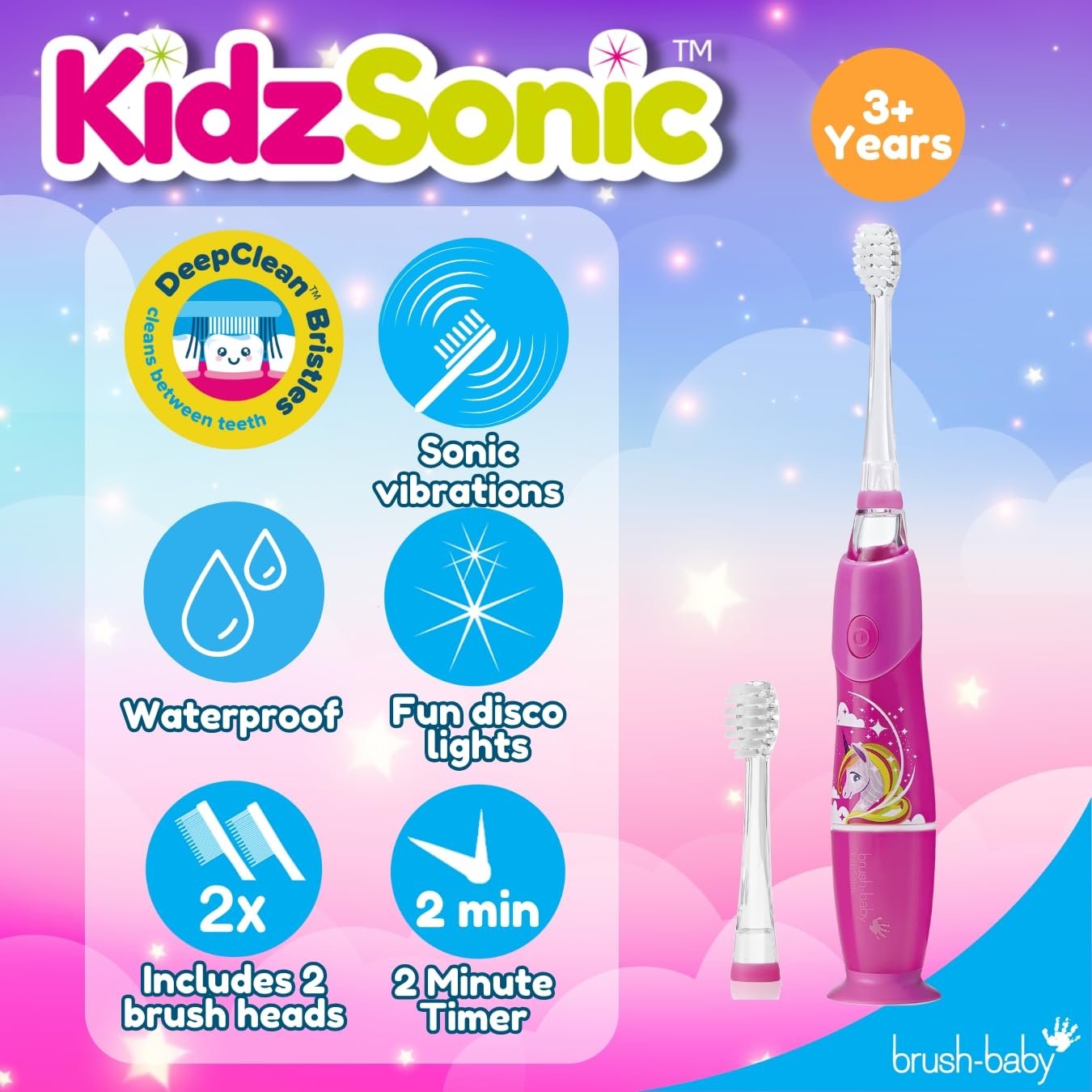 Зубна щітка електрична Brush-Baby KidzSonic Unicorn з диско-підсвічуванням, 4 змінні головки та 1 AAA батарея, фото №3