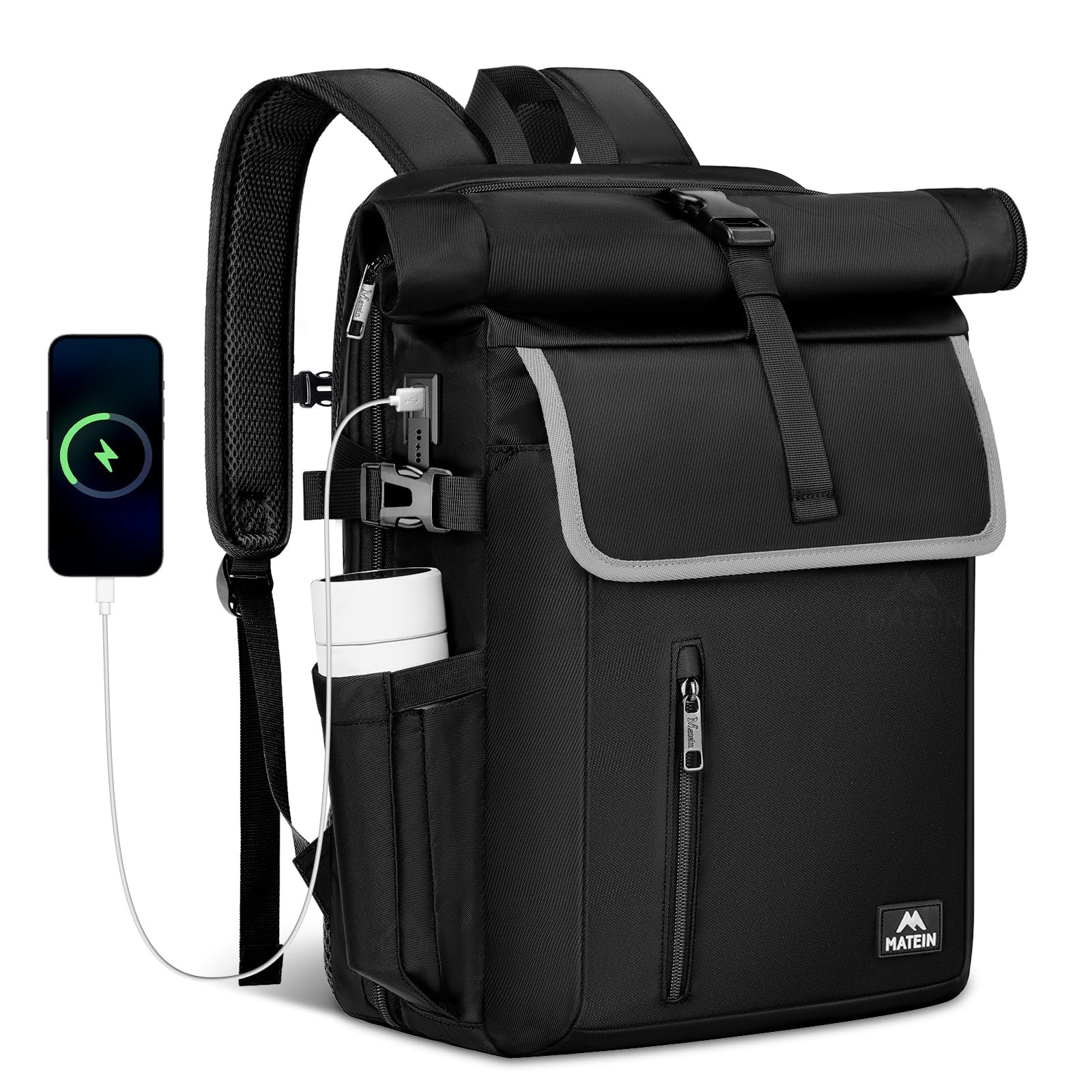 Рюкзак для ноутбука MATEIN Rolltop Чоловічий Водонепроникний 36 л 17.3 дюйма з USB та RFID Чорний, фото №1 Рюкзак для ноутбука MATEIN Rolltop Чоловічий Водонепроникний 36 л 17.3 дюйма з USB та RFID Чорний, фото №1