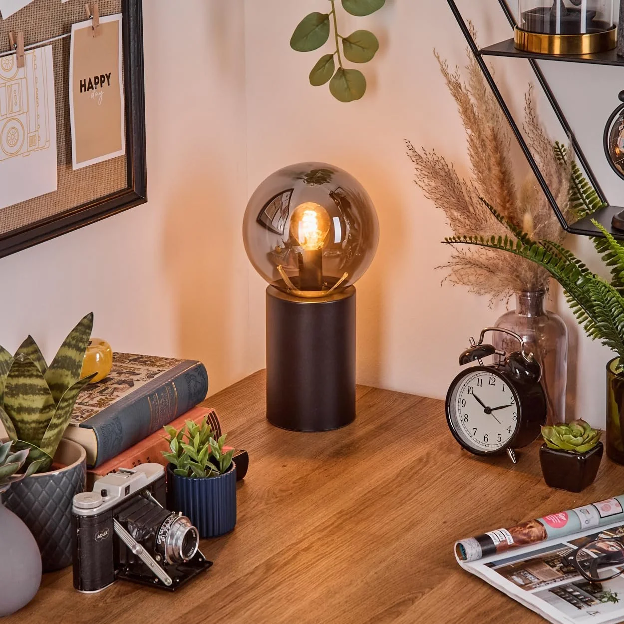 Настільна лампа HOFSTEIN Gastor метал/скло Ø 15 см E14 Чорний/Димчастий, фото №7