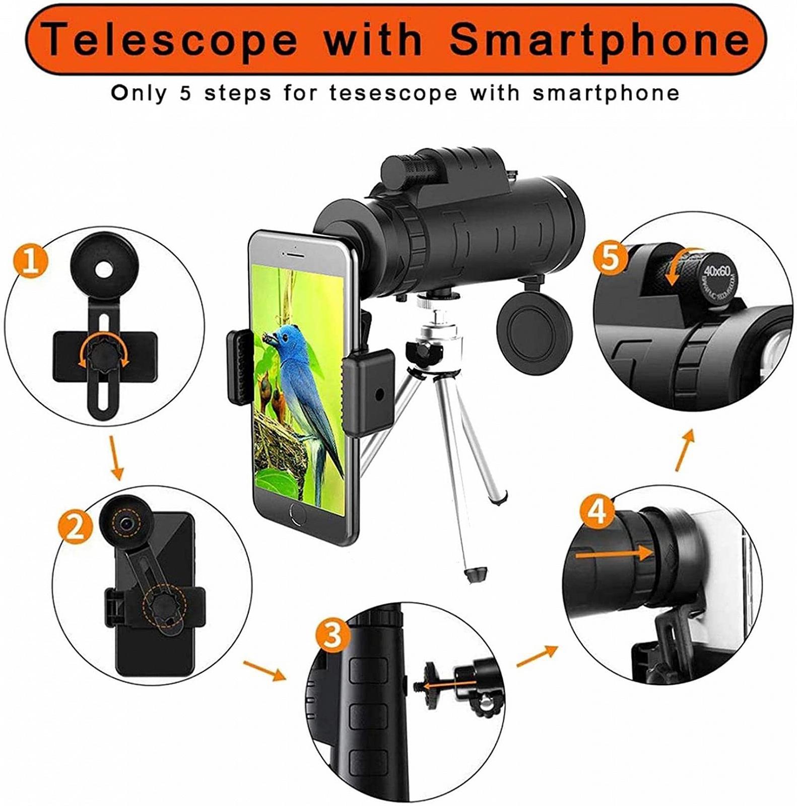 Монокуляр TAZYMKSD 40x60 HD FMC BAK4 с держателем для смартфона и водонепроницаемым штативом, фото №7