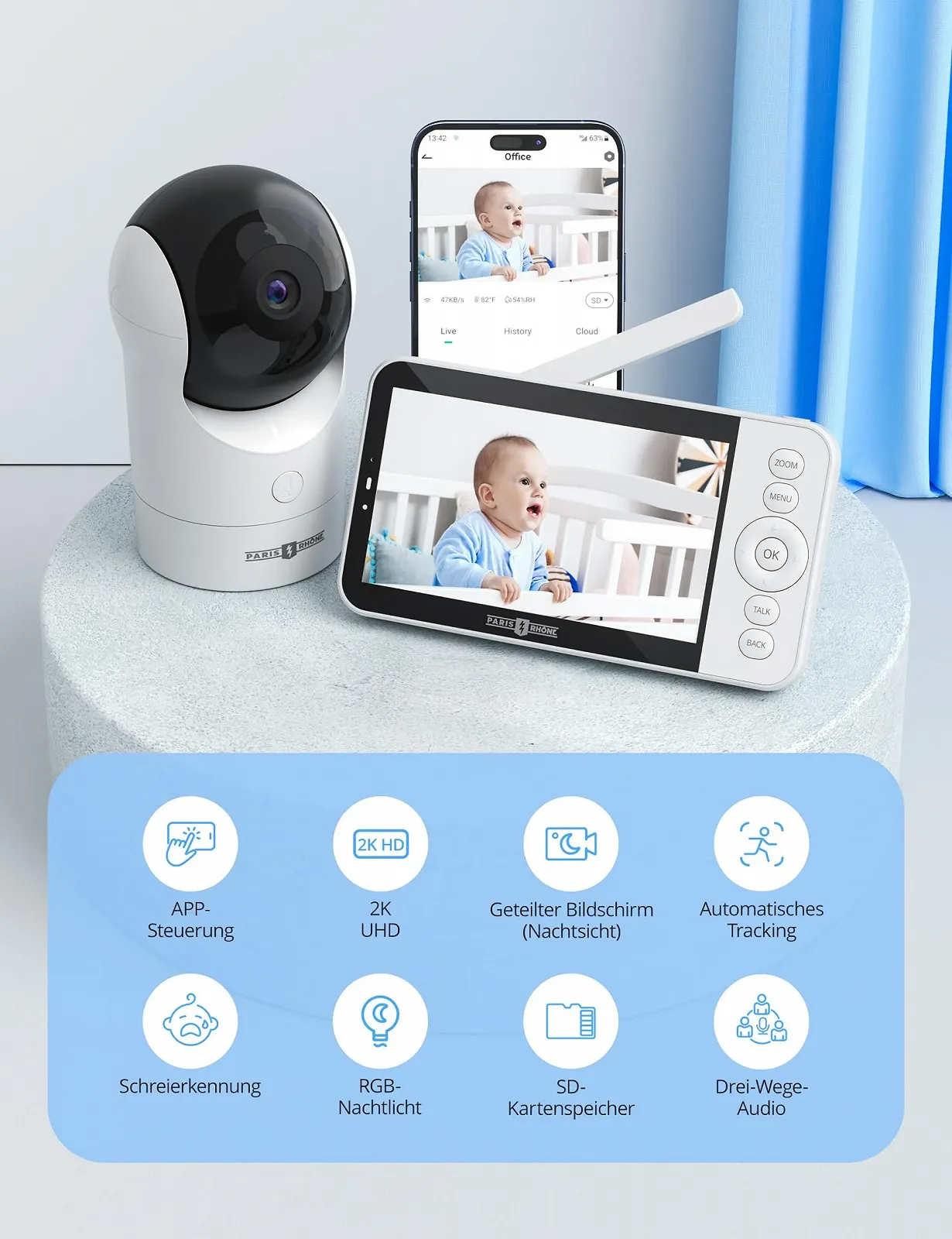 Відеоняня PARIS RHÔNE 2K HD 5" WiFi PTZ AI Tracking RGB Night Light, фото №8 Відеоняня PARIS RHÔNE 2K HD 5" WiFi PTZ AI Tracking RGB Night Light, фото №8