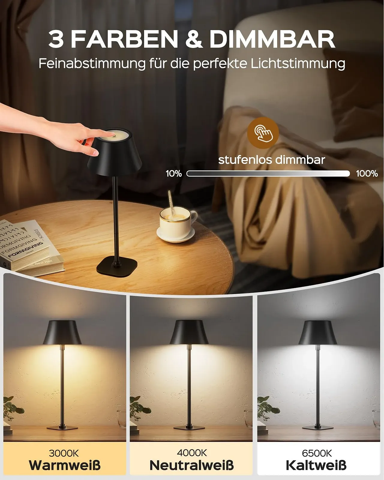 Настільна лампа JACKYLED бездротова 7 рівнів висоти регульована 3 колірні температури диммована акумуляторна 5000 mAh портативна LED водонепроникна, фото №4